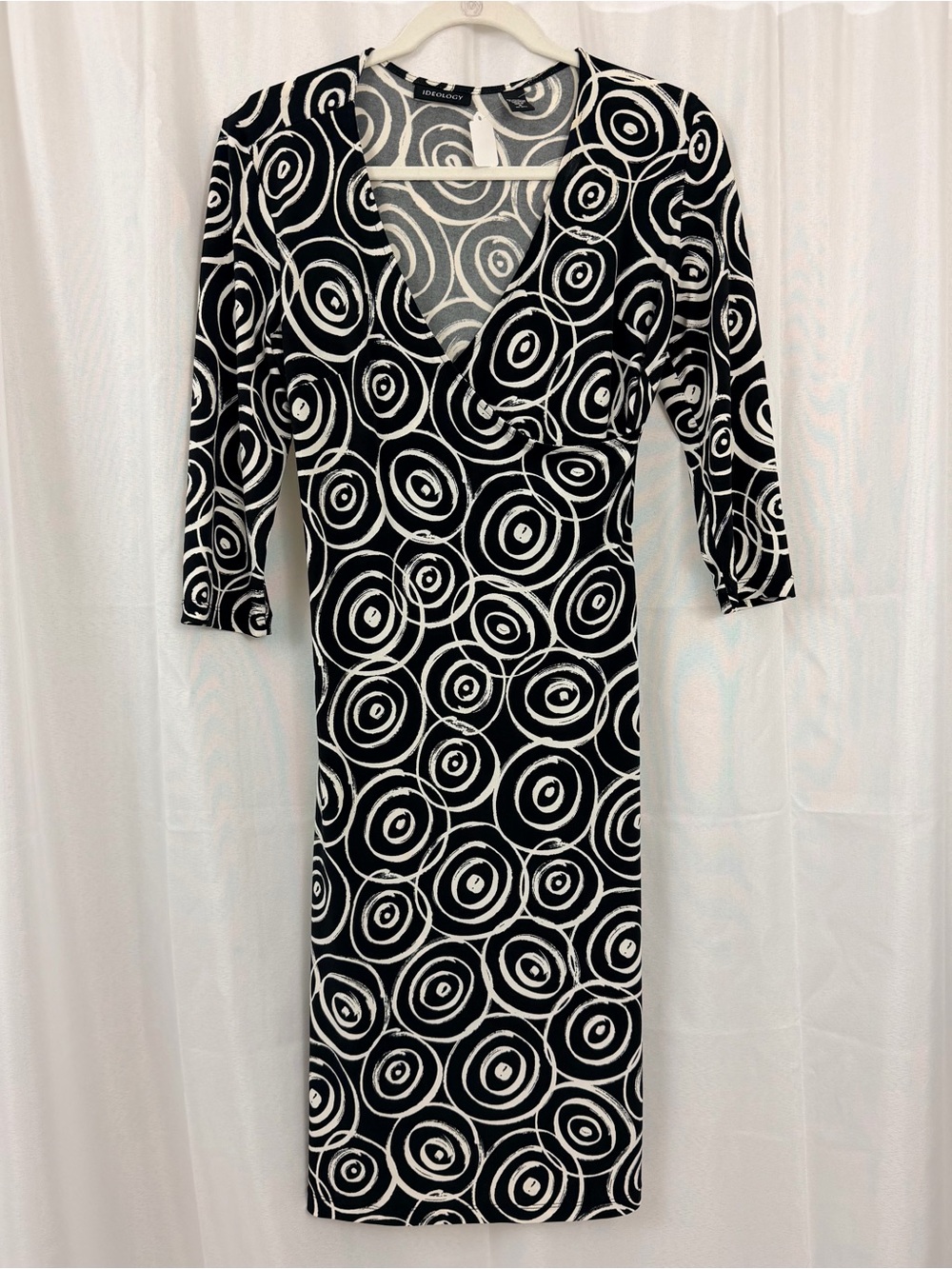 Ideology Black & White V-Neck Midi Dress with Circular Print